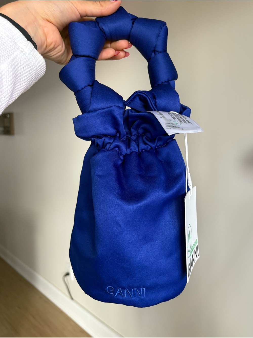 Ganni Cobalt Blue Satin Scrunch-Handle Mini Bag